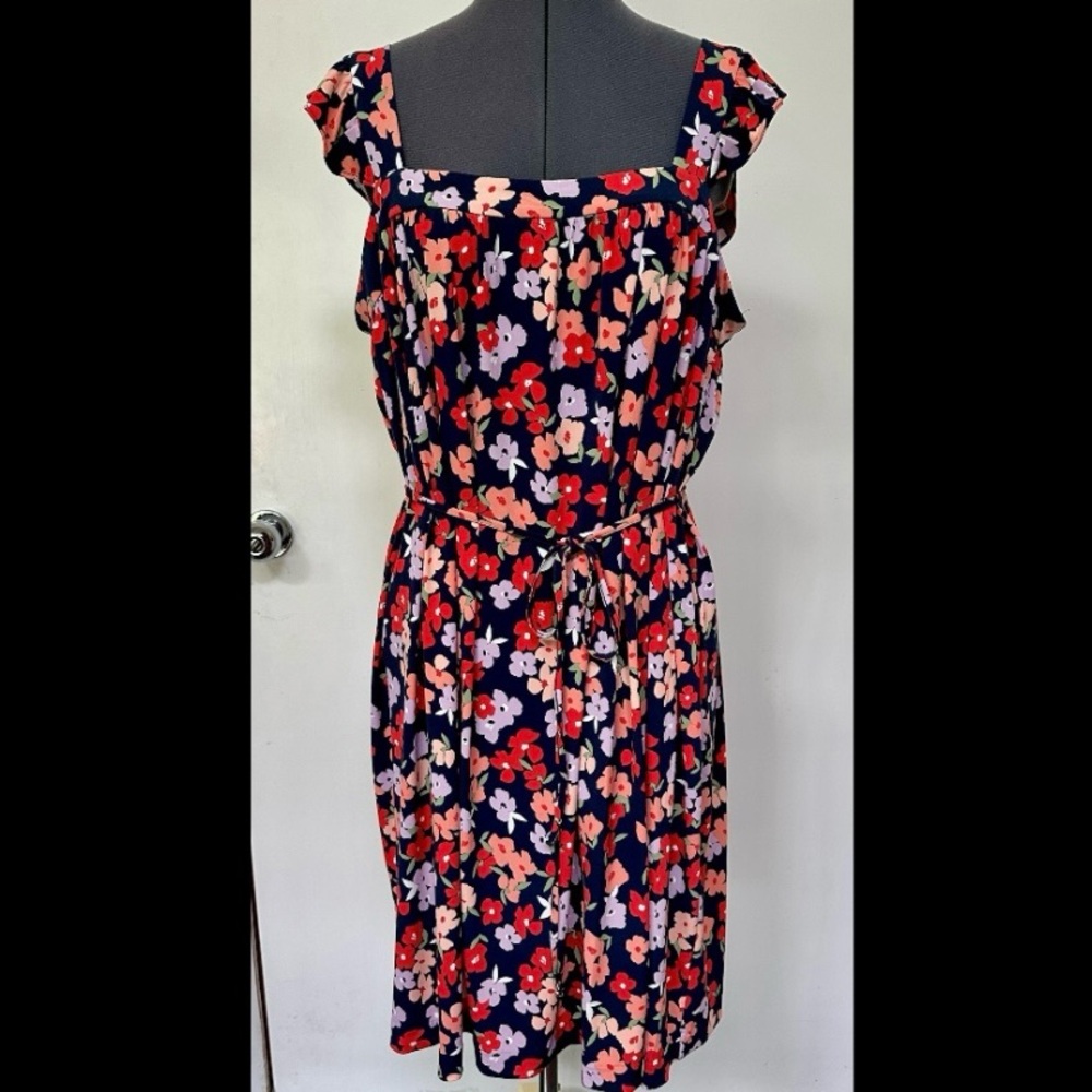 NEW ANN TAYLOR FACTORY FLORAL JERSEY KNIT DRESS FIT FLARE NAVY BLUE XL NWT $99